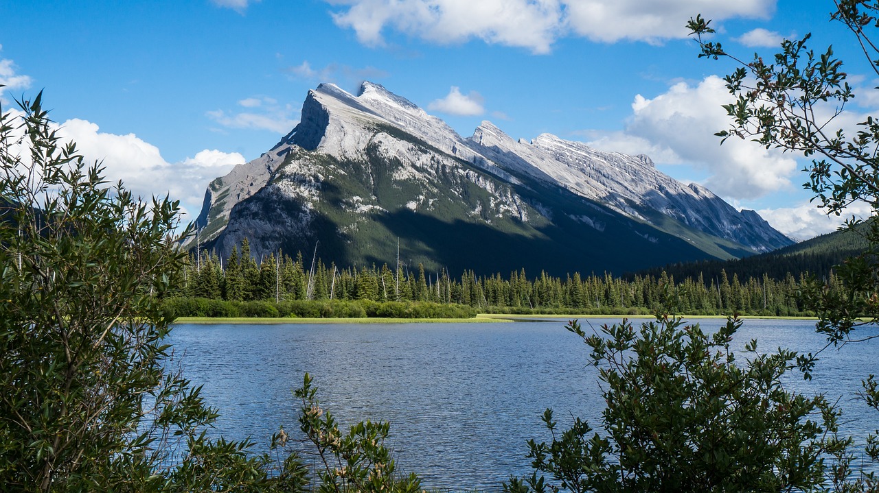 a body of water with a mountain in the background, a picture, by Raymond Normand, banff national park, iso 1 0 0 wide view, sweeping vista, summer landscape with mountain
