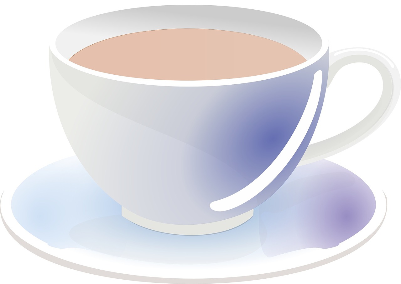 a cup of tea sits on a saucer, a digital rendering, pixabay, sōsaku hanga, milk, purple. smooth shank, is ((drinking a cup of tea)), blueish