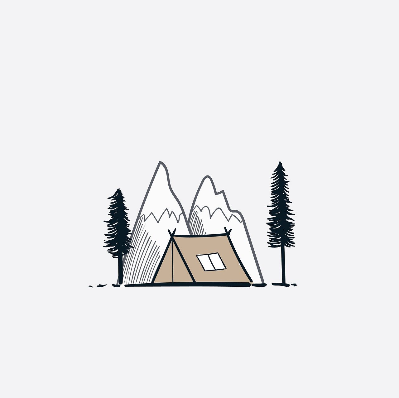 a drawing of a tent with mountains in the background, a picture, minimalism, with trees, vacation photo, on simple background, camps in the background