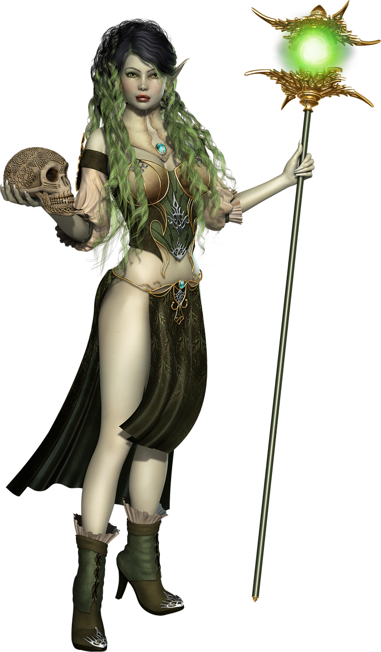 a woman with green hair holding a skull and a staff, a digital rendering, inspired by senior character artist, fantasy art, venus godness athena, full body and head view, priestess in a conical hat, modeled in poser