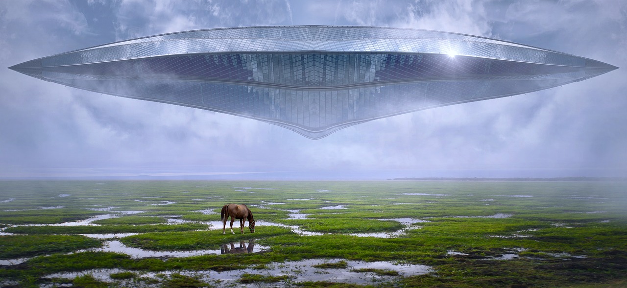 a horse standing on top of a lush green field, a matte painting, by Jon Coffelt, surrealism, the inside of a ufo, background megastructure, flat earth theory, spaceship in a dry river bed