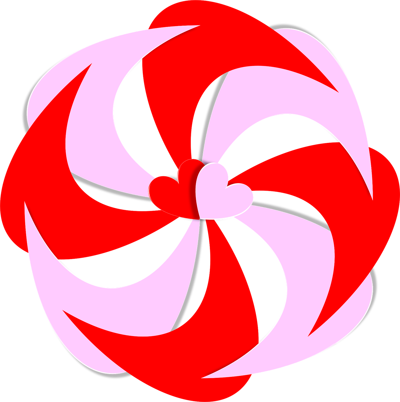 a red and white pinwheel on a black background, by Leon Polk Smith, hearts symbol, pink and red color scheme, inkscape, an art nouveau