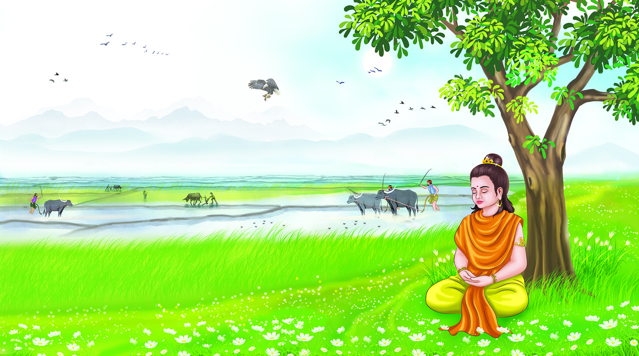a person sitting under a tree in a field, an illustration of, by Sheng Maoye, shutterstock, samikshavad, holy man looking at ground, paddy fields and river flowing, peaceful animals, 8k illustration