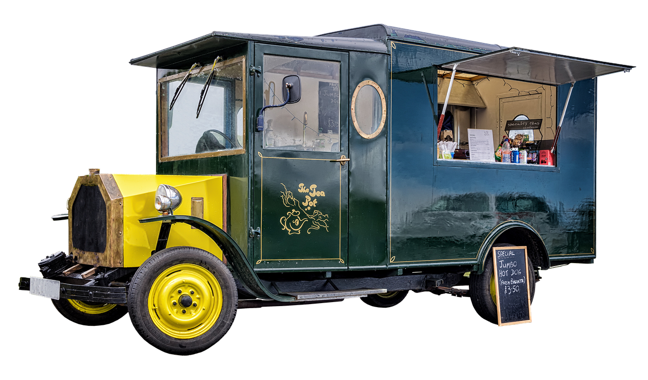 a green and yellow truck parked in front of a black background, a portrait, by John Covert, pixabay, art nouveau, food stall, ford model t, cornwall, full body wide shot