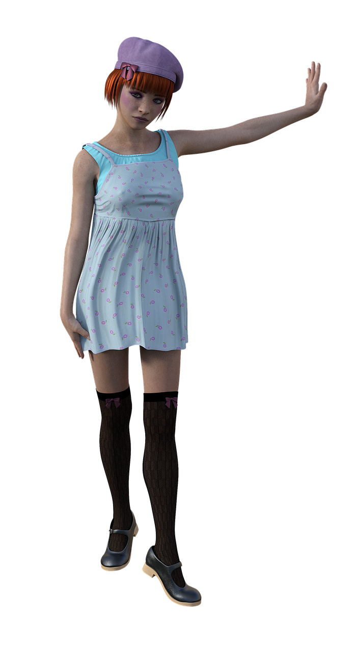 a woman in a blue dress and a purple hat, a raytraced image, trending on cg society, silent hill style, fullbody photo, high quality screenshot, wearing sundress