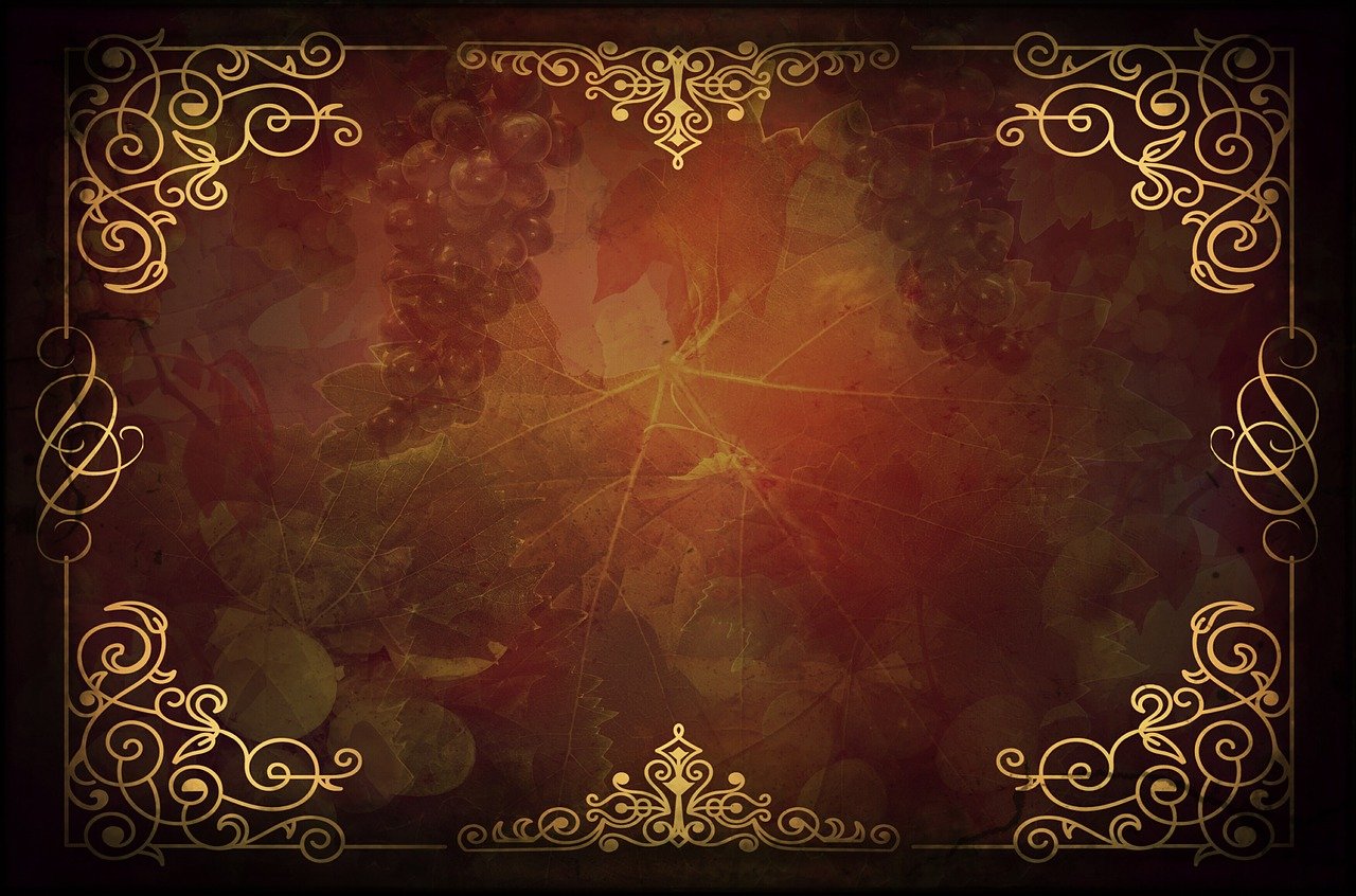 a gold frame with grapes on a red background, concept art, polycount, gloomy medieval background, dark fractal background, entwined in vines, tavern background