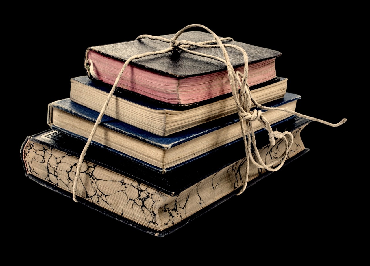 a stack of books sitting on top of each other, a portrait, by Thomas Häfner, pixabay, kintsugi, collodion photography, floating spellbook, colourized