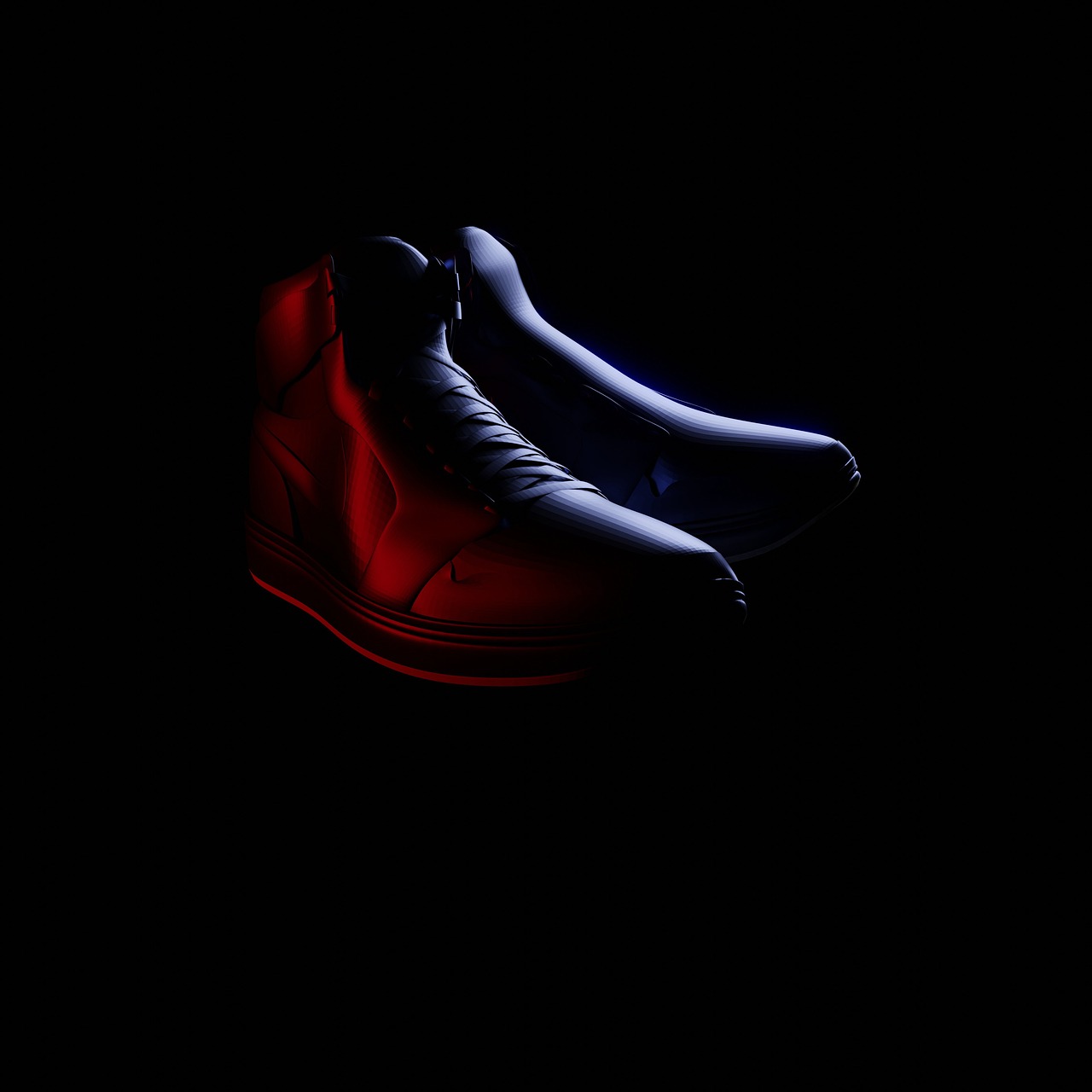 a pair of red and blue shoes in the dark, a 3D render, digital art, 4k vertical wallpaper, patent leather, sneaker design, hyperrealistic image