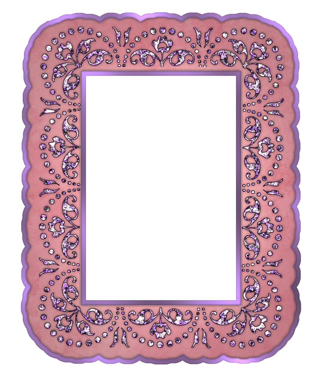 a pink picture frame on a black background, a digital rendering, inspired by Melozzo da Forlì, flickr, art nouveau, purple crystal inlays, vintage - w 1 0 2 4, ornate with diamonds, dull pink background