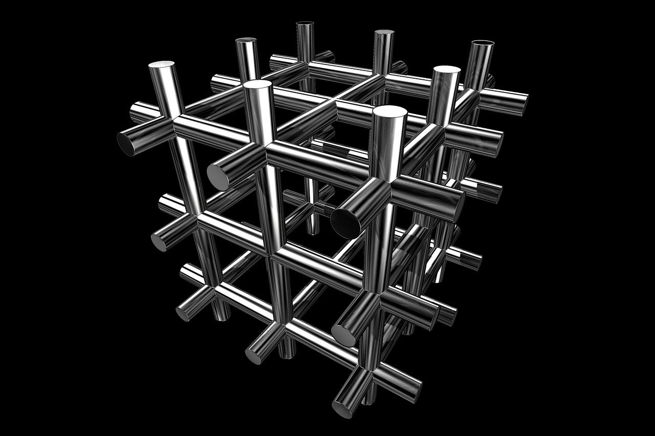 a black and white photo of a bunch of pipes, a digital rendering, inspired by Buckminster Fuller, deviantart, metal bars, on a black background, cube shaped, polished metal