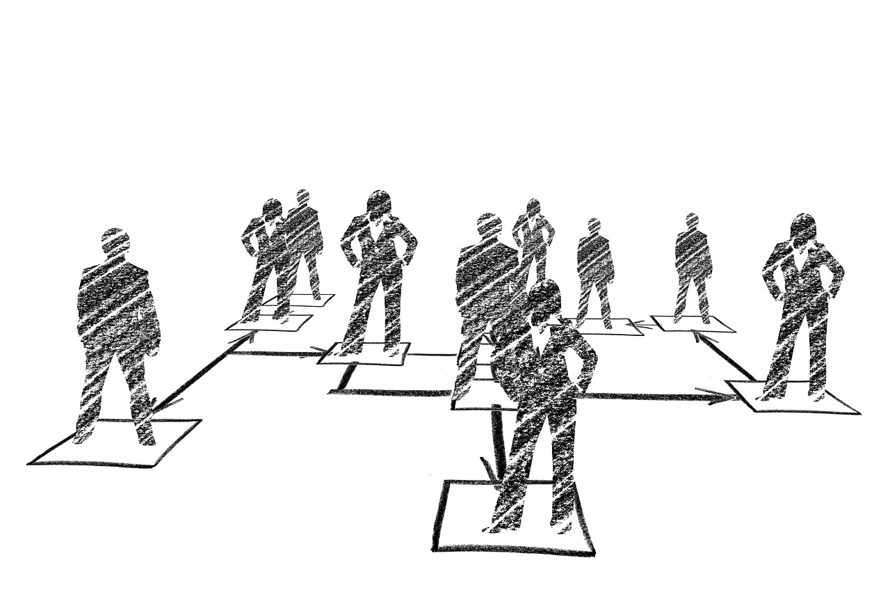 a group of people that are standing in a line, a digital rendering, by Mirko Rački, trending on pixabay, corporate flow chart, black and white drawing, standoff, multiple levels