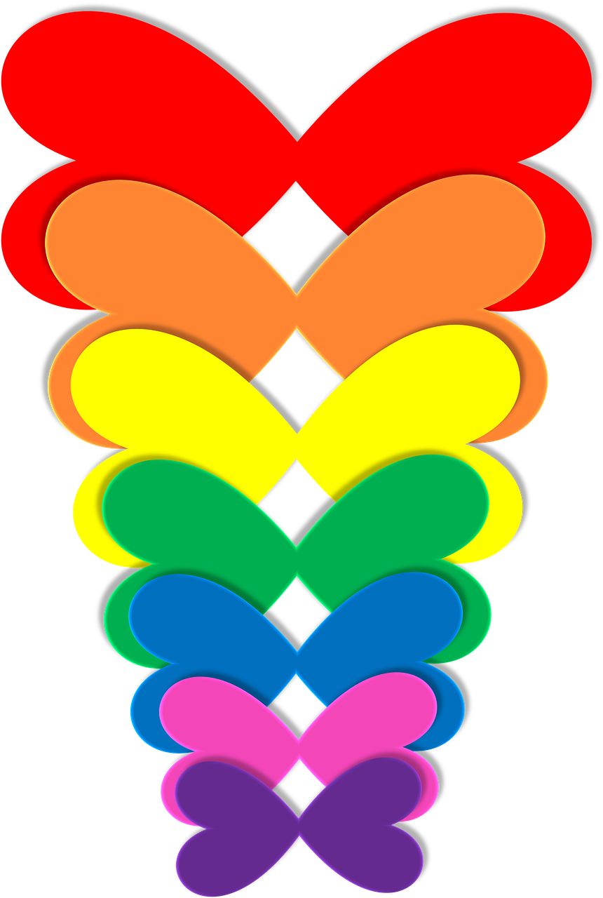 a rainbow heart on a black background, vector art, inspired by Milton Glaser, toyism, black butterflies, bottom - view, intertwined full body view, kirigami