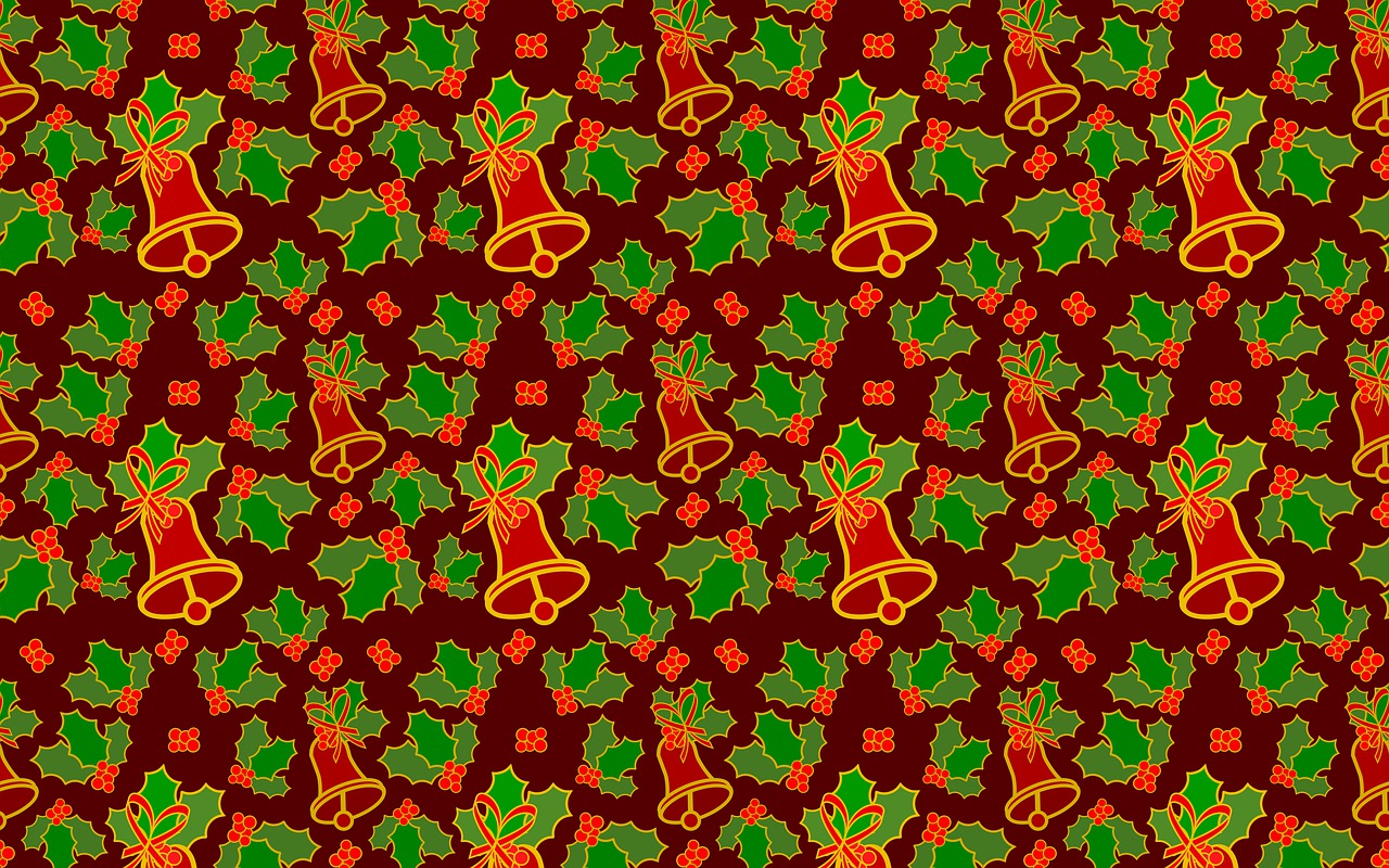 a christmas pattern with bells and holly leaves, vector art, by Andrei Kolkoutine, chocolate. intricate background, marigold background, dark background ”, abcdefghijklmnopqrstuvwxyz