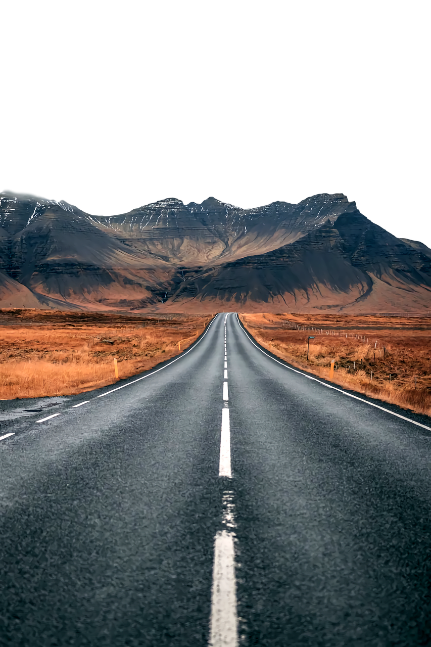 an empty road with mountains in the background, a matte painting, by Hallsteinn Sigurðsson, pexels contest winner, hyperrealism, high contrast hyperrealism 8k, on black background, old photo width 768, route 6 6