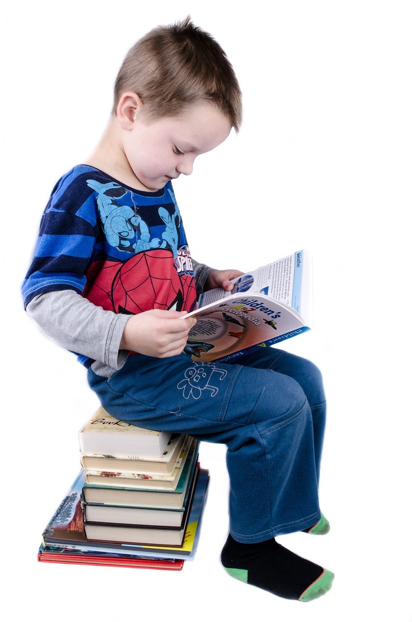 a young boy sitting on top of a pile of books, a portrait, pixabay, figuration libre, 4yr old, istockphoto, sitting on a stool, catalog photo