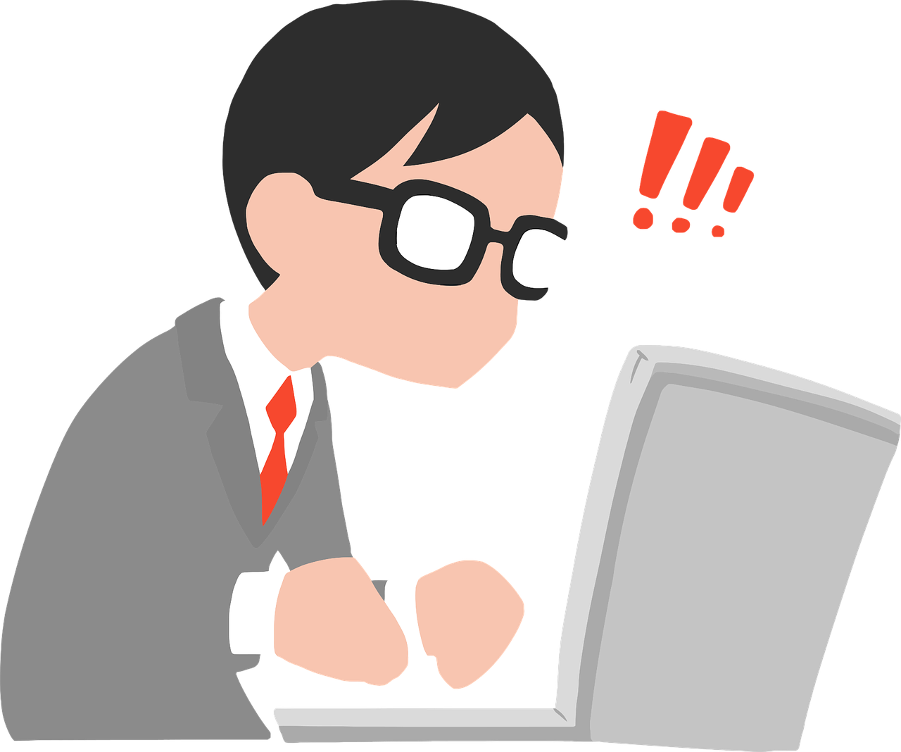 a man sitting in front of a laptop computer, a cartoon, by Kanbun Master, pixabay, computer art, in suit with black glasses, he is in shock, haruhiko mikimoto, action post
