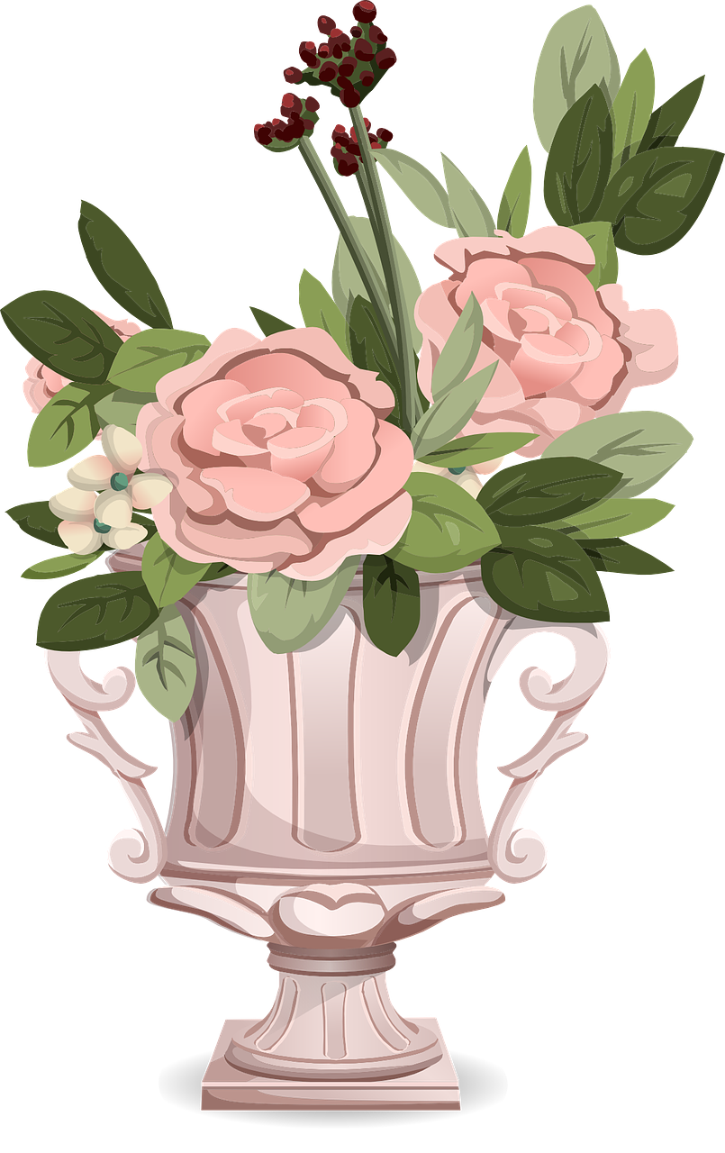 a vase filled with pink flowers sitting on top of a table, a digital painting, romanticism, telegram sticker, clip-art, rose, clipart