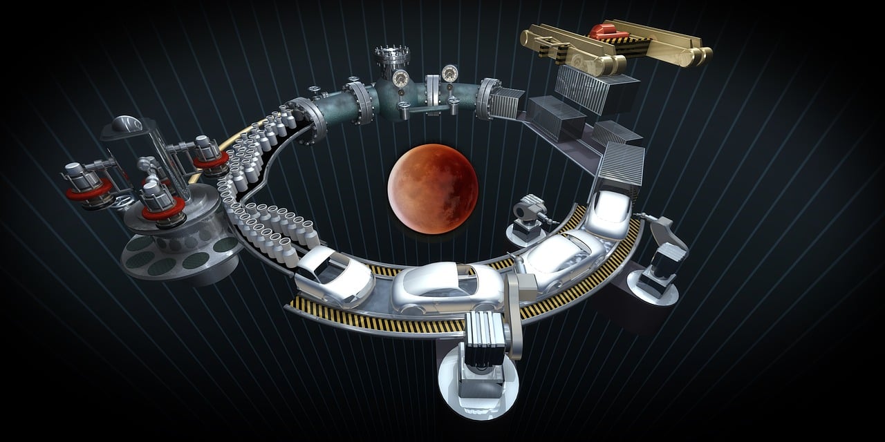 a close up of a machine with a red moon in the background, inspired by Peter Elson, polycount contest winner, retrofuturism, hollow earth infographic, delorean background, iphone photo, 360 degree equirectangular