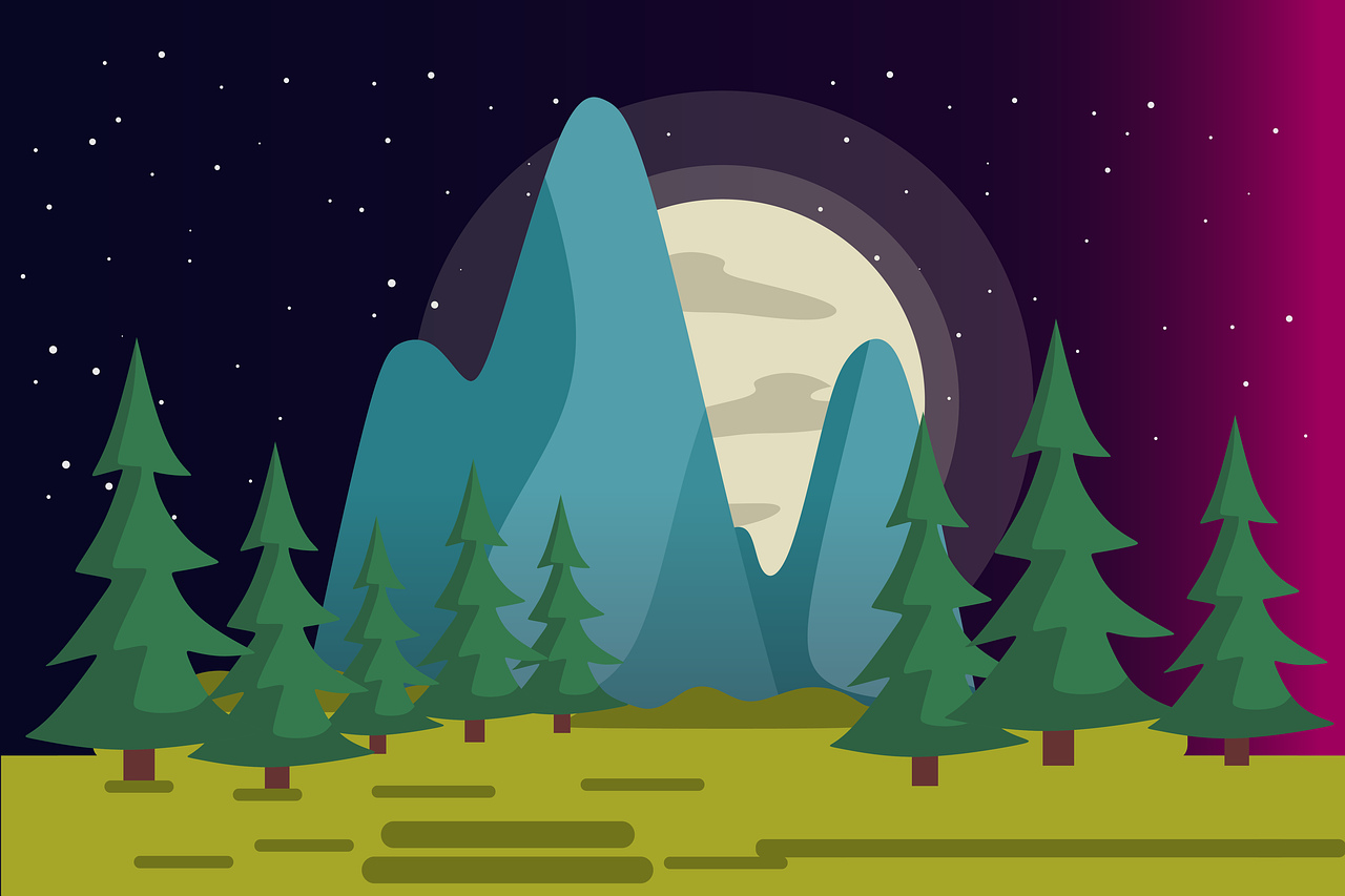 a mountain with trees in the foreground and a full moon in the background, vector art, shutterstock, low polygons illustration, dark flat color background, spruce trees on the sides, themed on the stars and moon