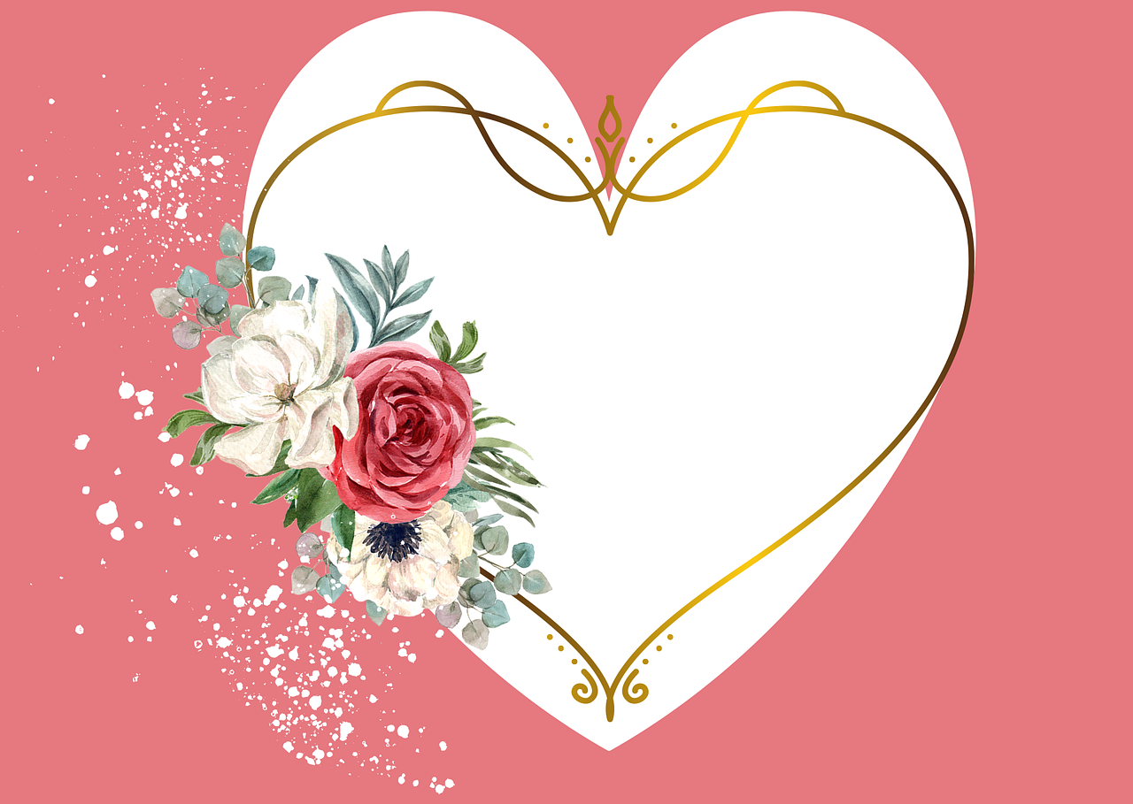 a frame in the shape of a heart with flowers, romanticism, gold and white, blush, a beautiful artwork illustration, event