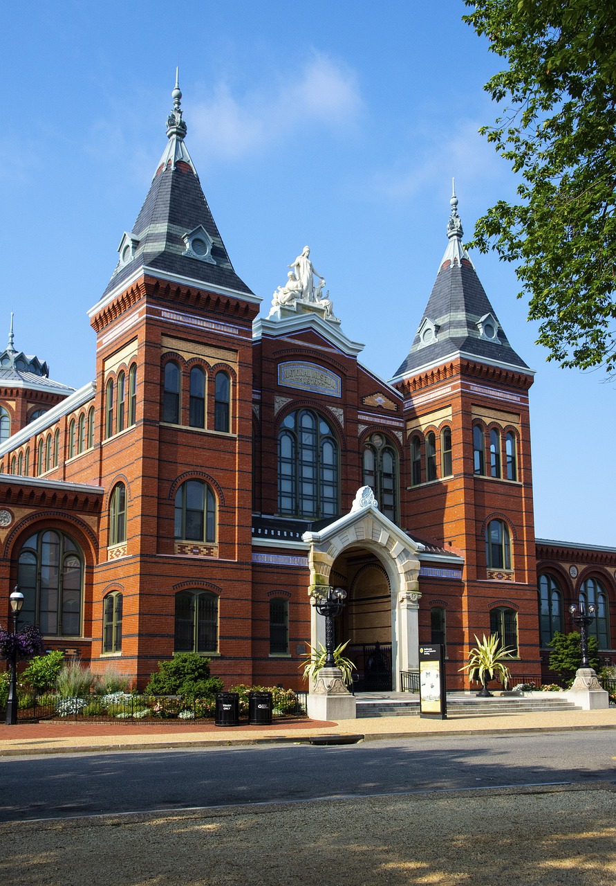 a large brick building with a clock tower, visual art, pentagon, victorian era, museum exposition, with great domes and arches