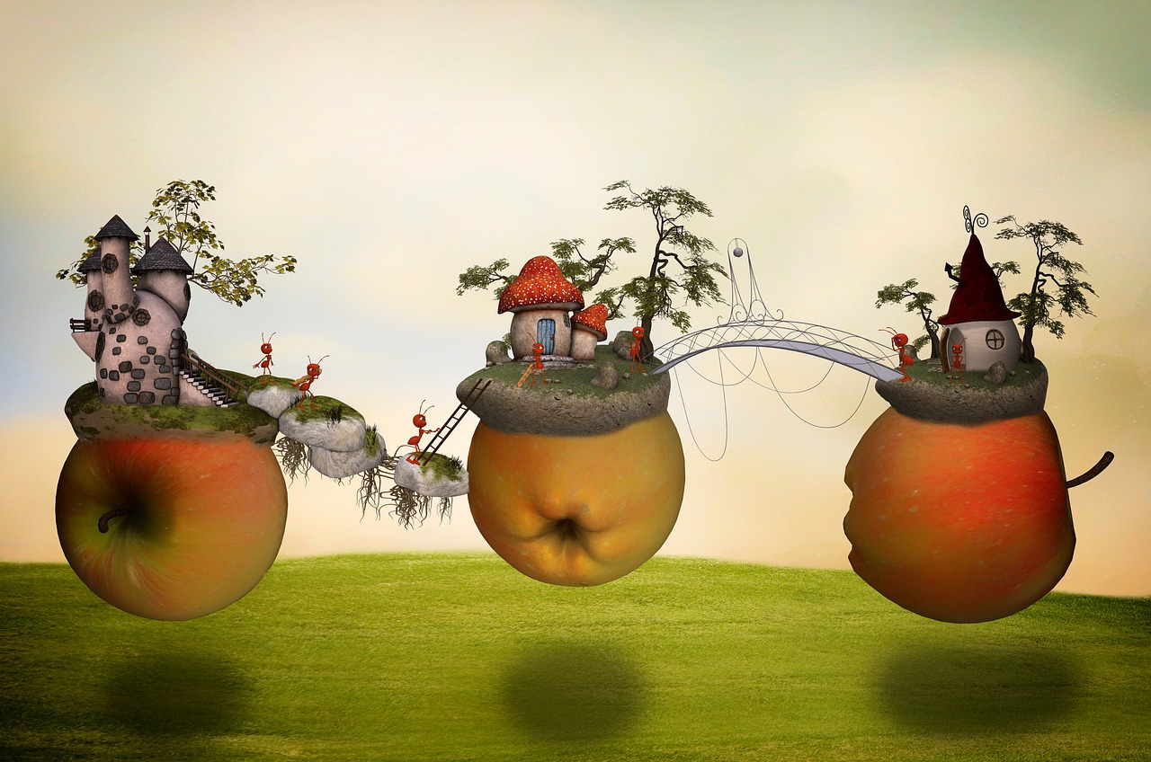 a couple of apples sitting on top of a lush green field, behance contest winner, digital art, surreal tea party, peach, architectural render, levitation