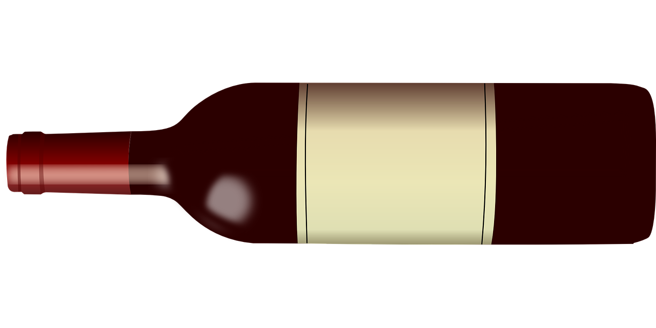 a bottle of wine on a black background, by Jay Hambidge, digital art, cell shaded adult animation, top - side view, simple primitive tube shape, crimson and ecru color scheme