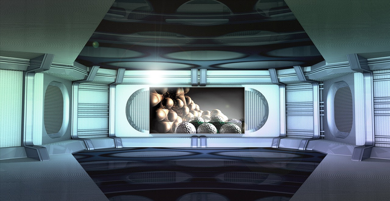a man standing in front of a tv in a room, a digital rendering, by Jon Coffelt, deviantart, digital art, showcases full of embryos, footage of a theater stage, greeble detail, inside a globe