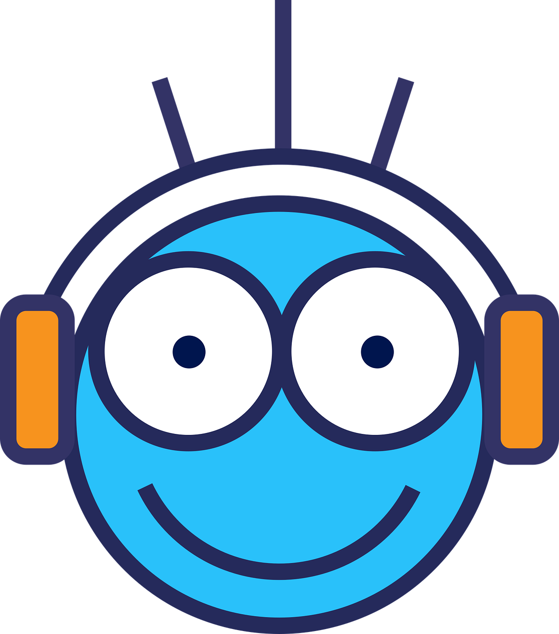 a smiley face with headphones on, a digital rendering, inspired by Theodore Major, reddit, mingei, infographics. logo. blue, children's tv show, looking straight to camera, thomas the tank engine face