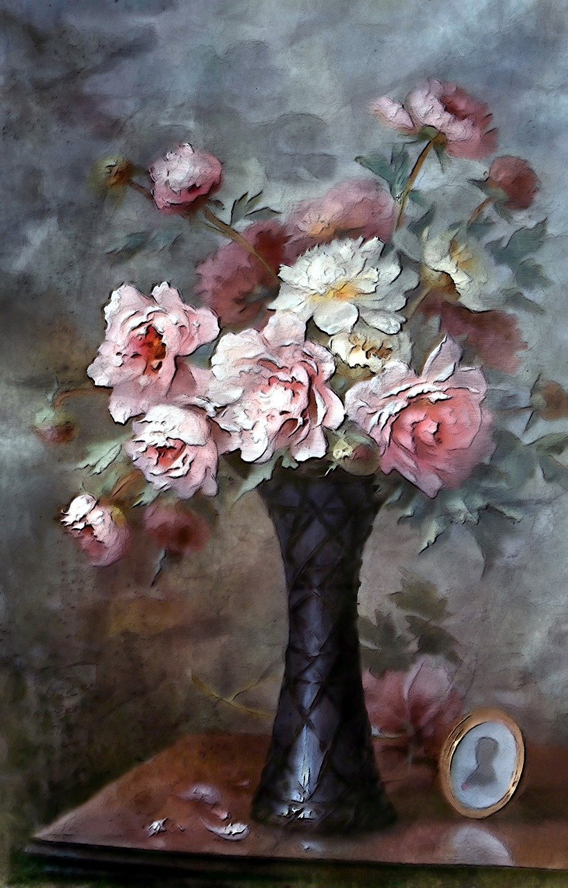 a painting of flowers in a vase on a table, a fine art painting, by Cindy Wright, romanticism, digital painting style, black white pastel pink, glorious composition, heade