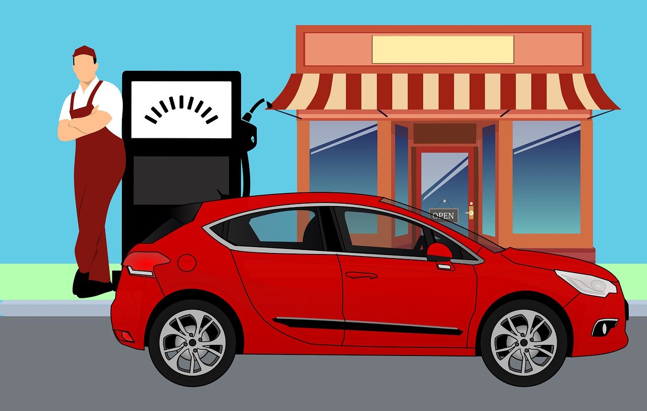 a man standing next to a red car, a digital rendering, les automatistes, gas station, 2 d animation, inside of a car, accompanying hybrid