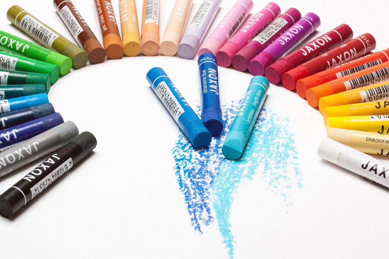 a circle of colored crayons on a white surface, a pastel, inspired by Jan Kupecký, lots blue colours, chartpak ad markers, vibrant scene, packshot