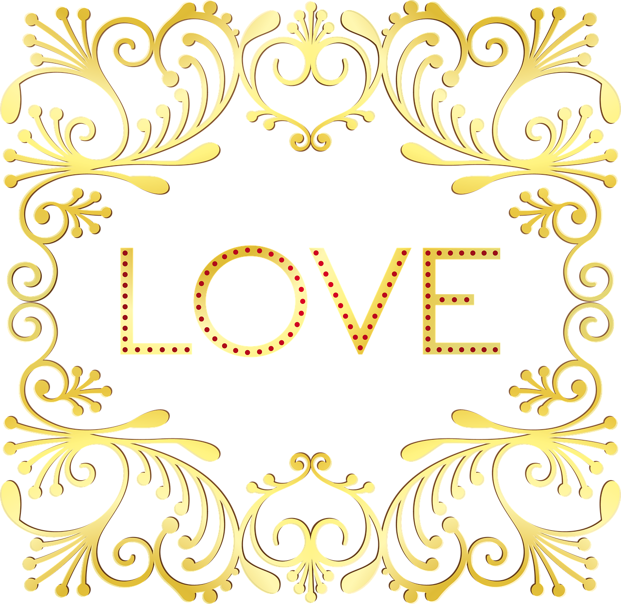 a gold frame with the word love in it, a digital rendering, by Lari Pittman, baroque, intricate border designs, the background is black, square, sparkly