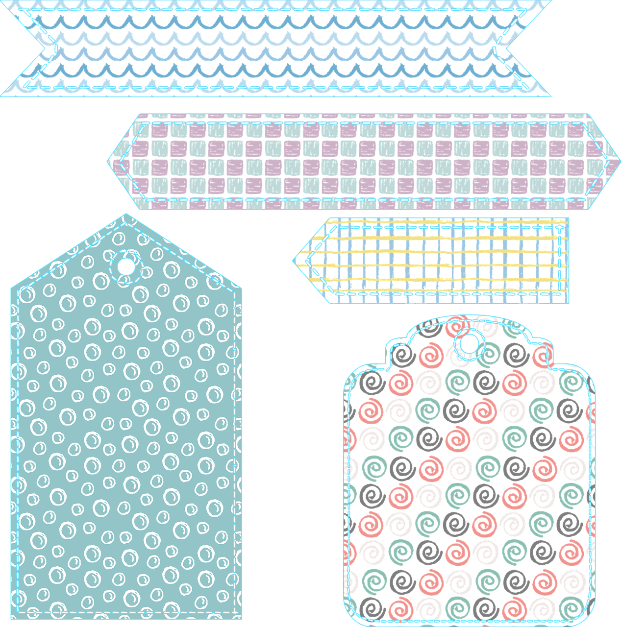 a couple of tags sitting on top of each other, vector art, op art, patterns and textures, screencapture, scrapbook paper collage, blue neon details