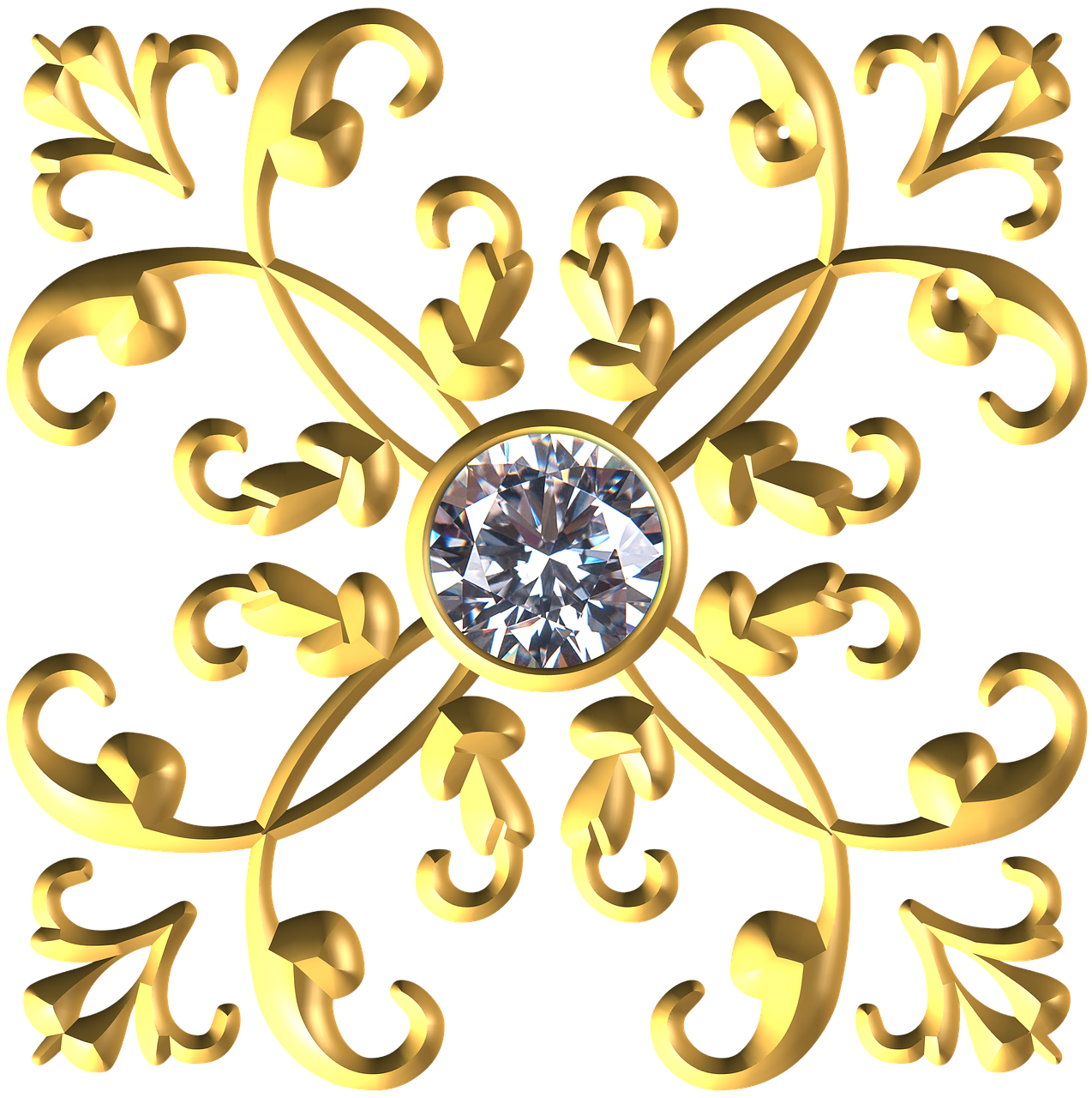 a gold snowflake with a diamond in the center, a digital rendering, baroque, baroque and rococo ornaments, onyx, detailed carved ornaments, stylized material bssrdf