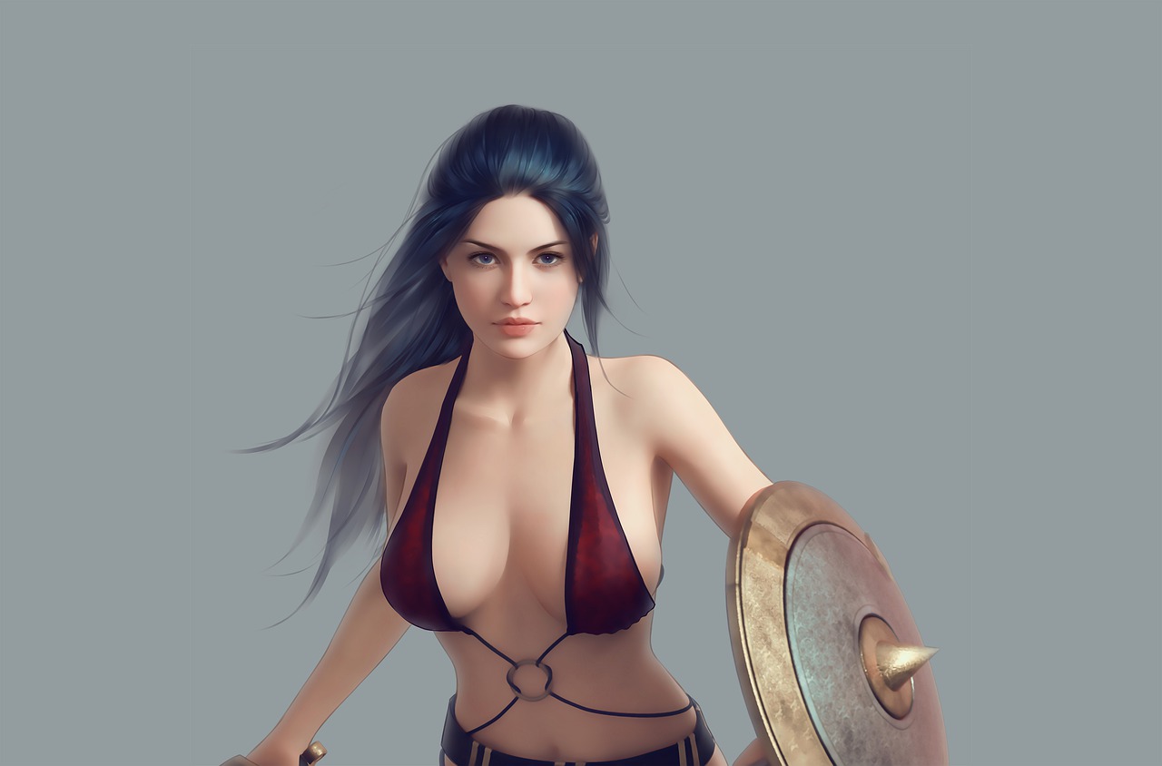a woman in a bikini holding a shield, a character portrait, fantasy art, videogame 3d render, very sexy woman with black hair, as a d & d character, video game character concept