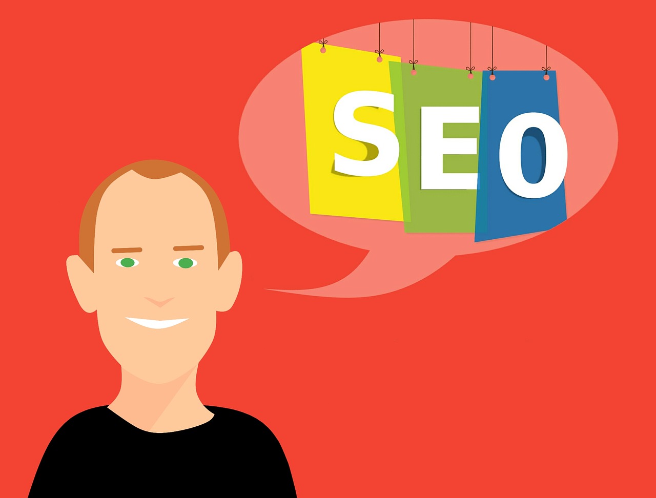 a man with a speech bubble that says seo, an illustration of, in red background, patrick, flat illustration, limmy