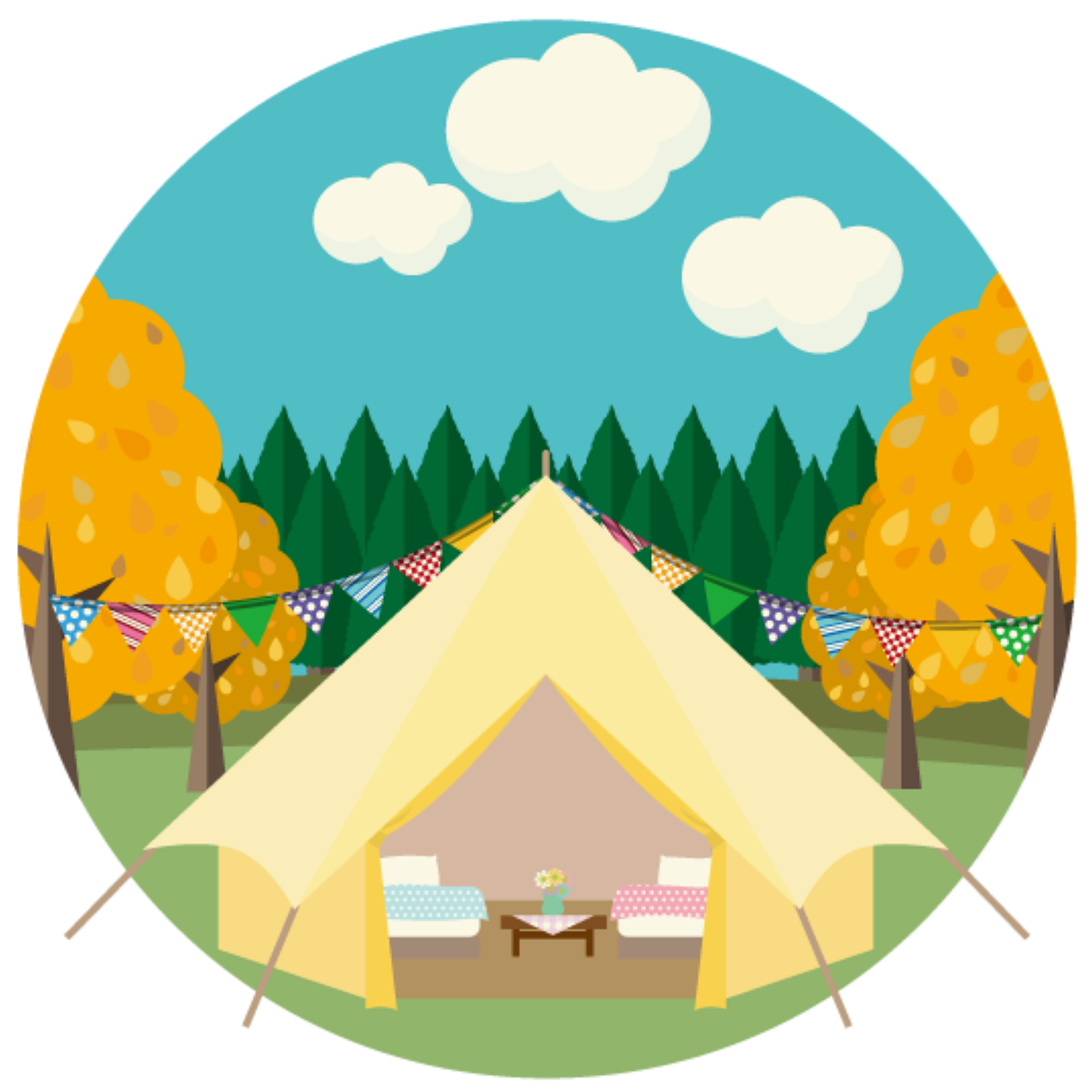 a tent sitting in the middle of a forest, a digital rendering, by Brigette Barrager, pixabay, naive art, an outdoor festival stage, sticker of a home in the forest, autum, 2 0 5 6 x 2 0 5 6