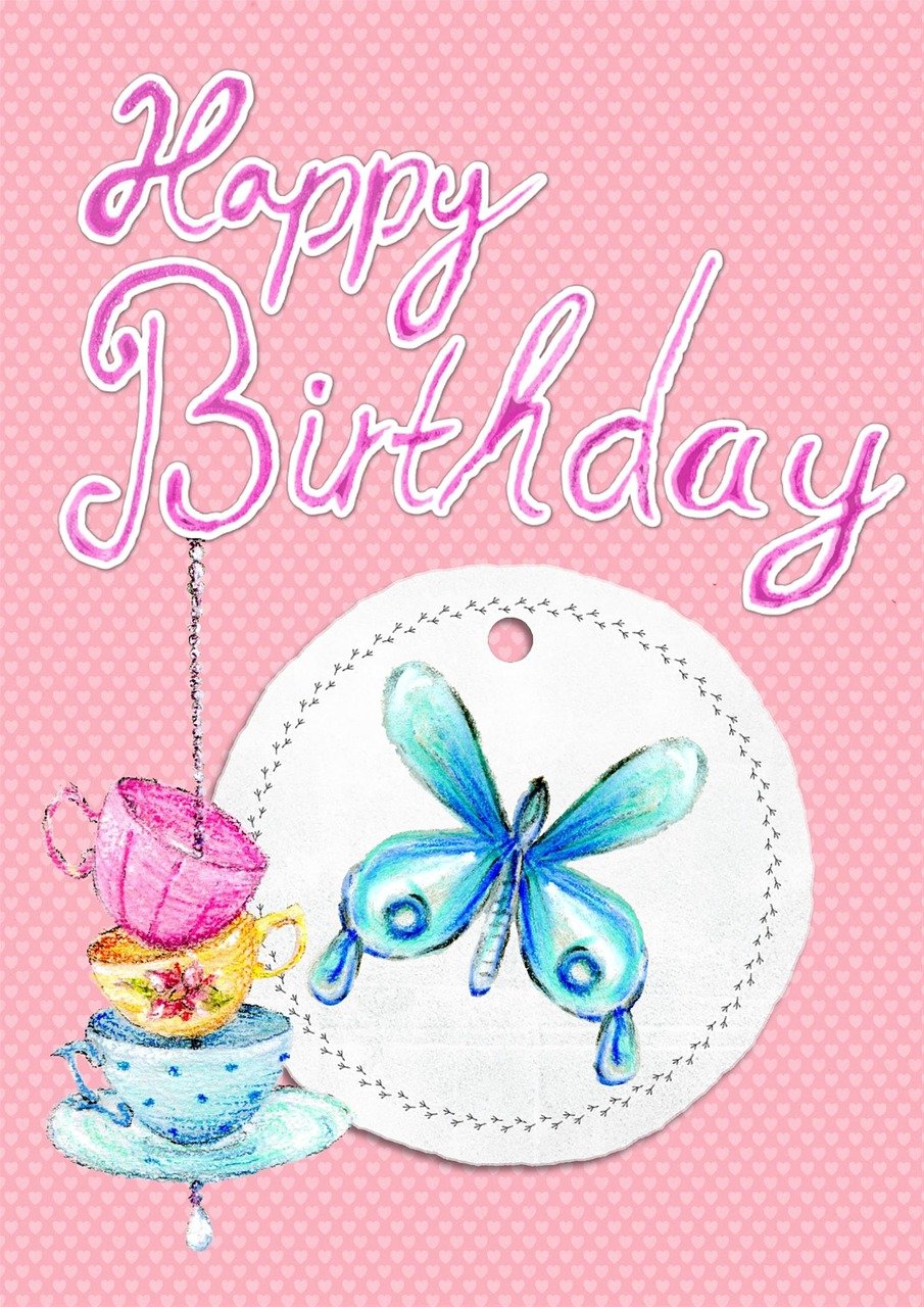 a birthday card with a butterfly and teacup, behance contest winner, pink, tag, hand - drawn digital art, round
