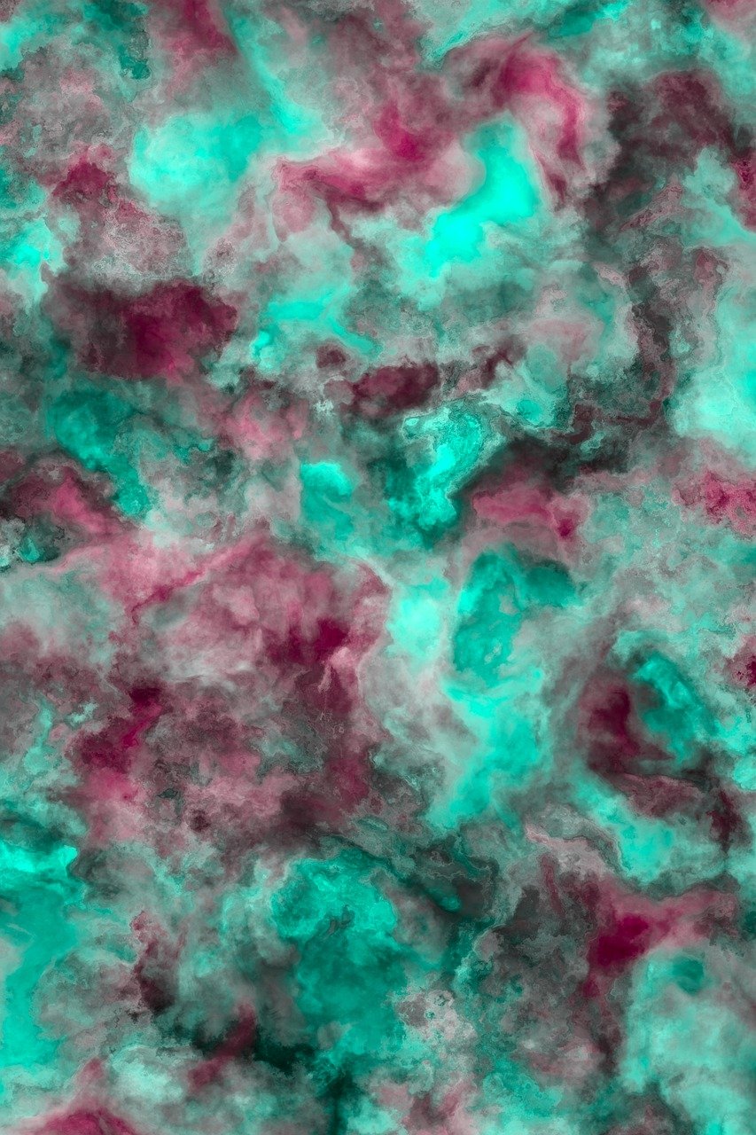 a close up of a green and pink background, a digital painting, inspired by Anna Füssli, gloomy moody clouds, turquoise and venetian red, highly detailed marble cloth, black and teal paper