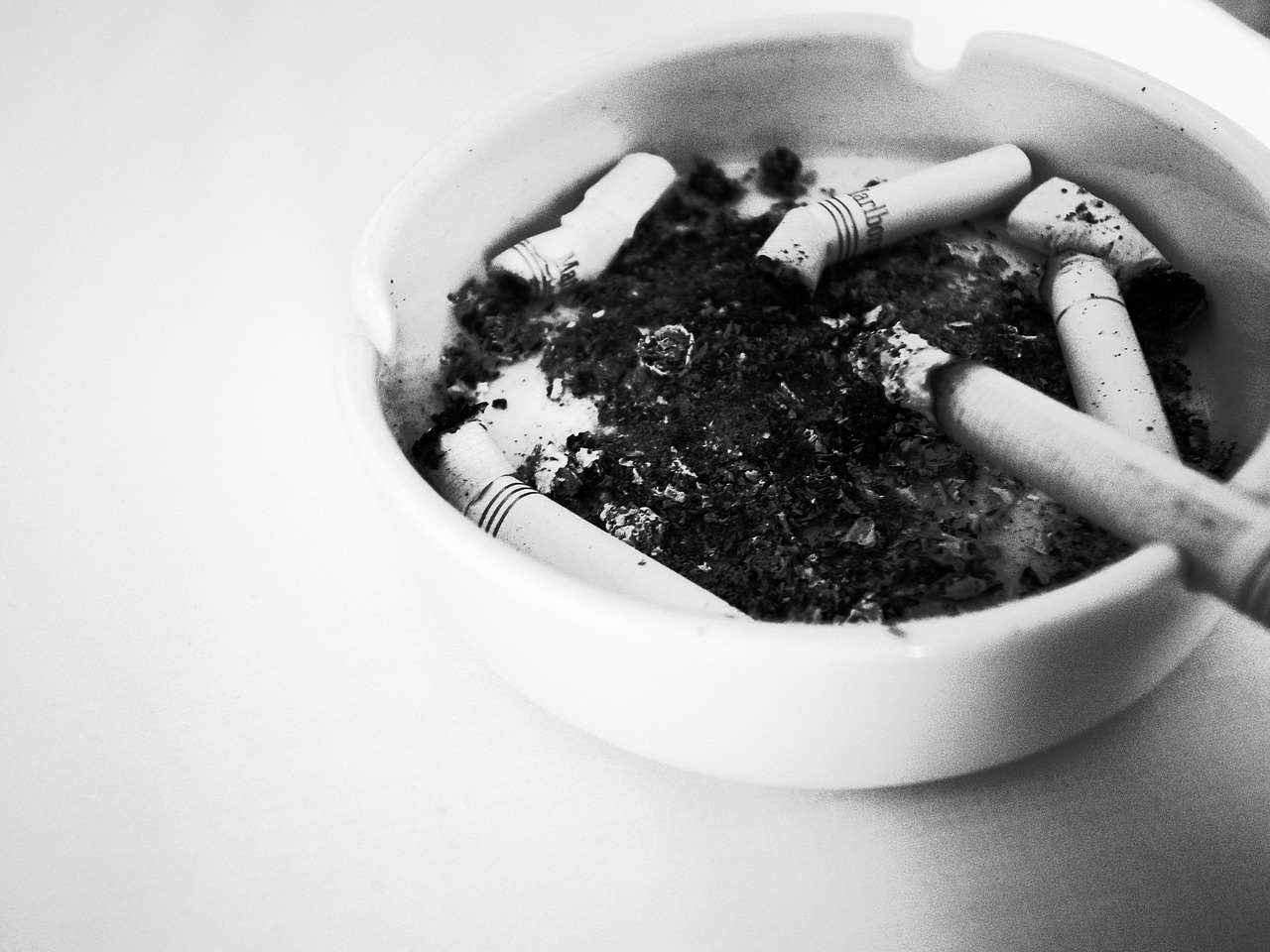 a white bowl filled with cigarettes and dirt, a black and white photo, greens), taken with my nikon d 3, finer details : 3, shot on iphone