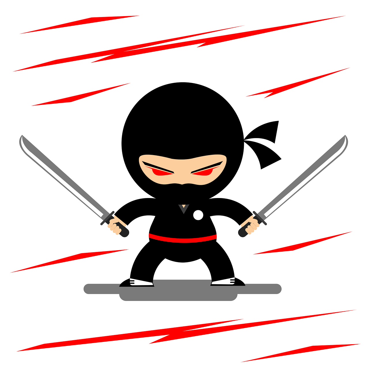 a cartoon ninja with two swords in his hand, an illustration of, fine art, kill la kill illustration, children\'s illustration, cartoon style illustration, white stripes all over its body
