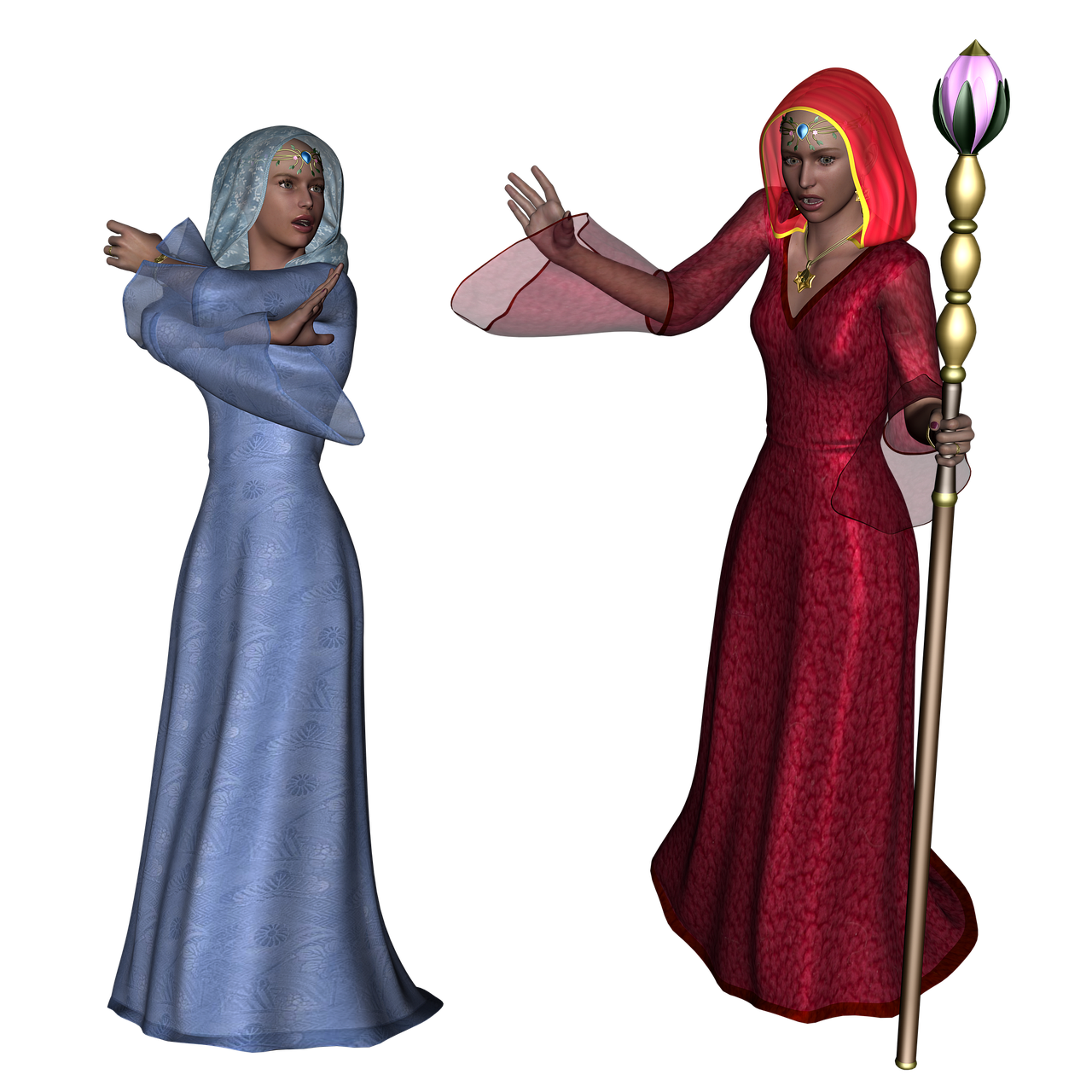 a couple of women standing next to each other, a raytraced image, inspired by Master of the Legend of Saint Lucy, fantasy art, wizard casting a spell, high resolution and detail, in long red or blue dresses, high res render