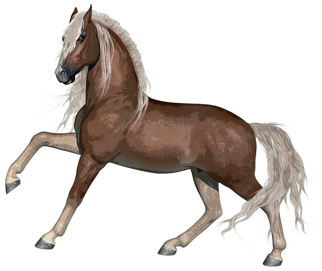 a close up of a horse on a black background, a digital rendering, inspired by John Frederick Herring, Jr., renaissance, cel shaded!!!, brown tail, with white long hair, horse is up on its hind legs