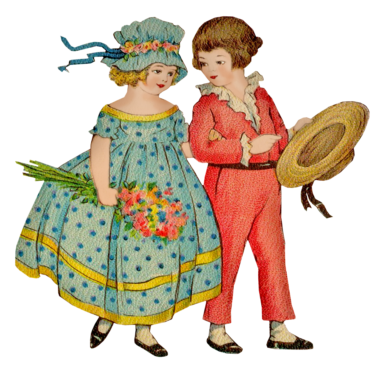 a couple of children standing next to each other, a digital rendering, inspired by Kate Greenaway, flickr, naive art, bouquet, baggy clothing and hat, flirting, with a black background