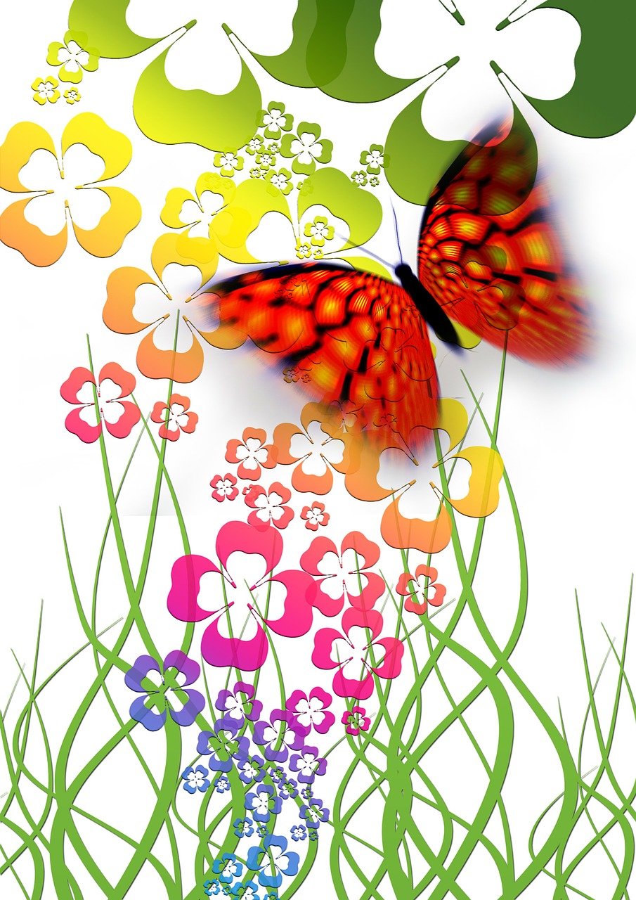 a colorful butterfly flying over a field of flowers, by Zahari Zograf, digital art, vibrant red and green colours, lisa frank & sho murase, design on a white background, iphone background