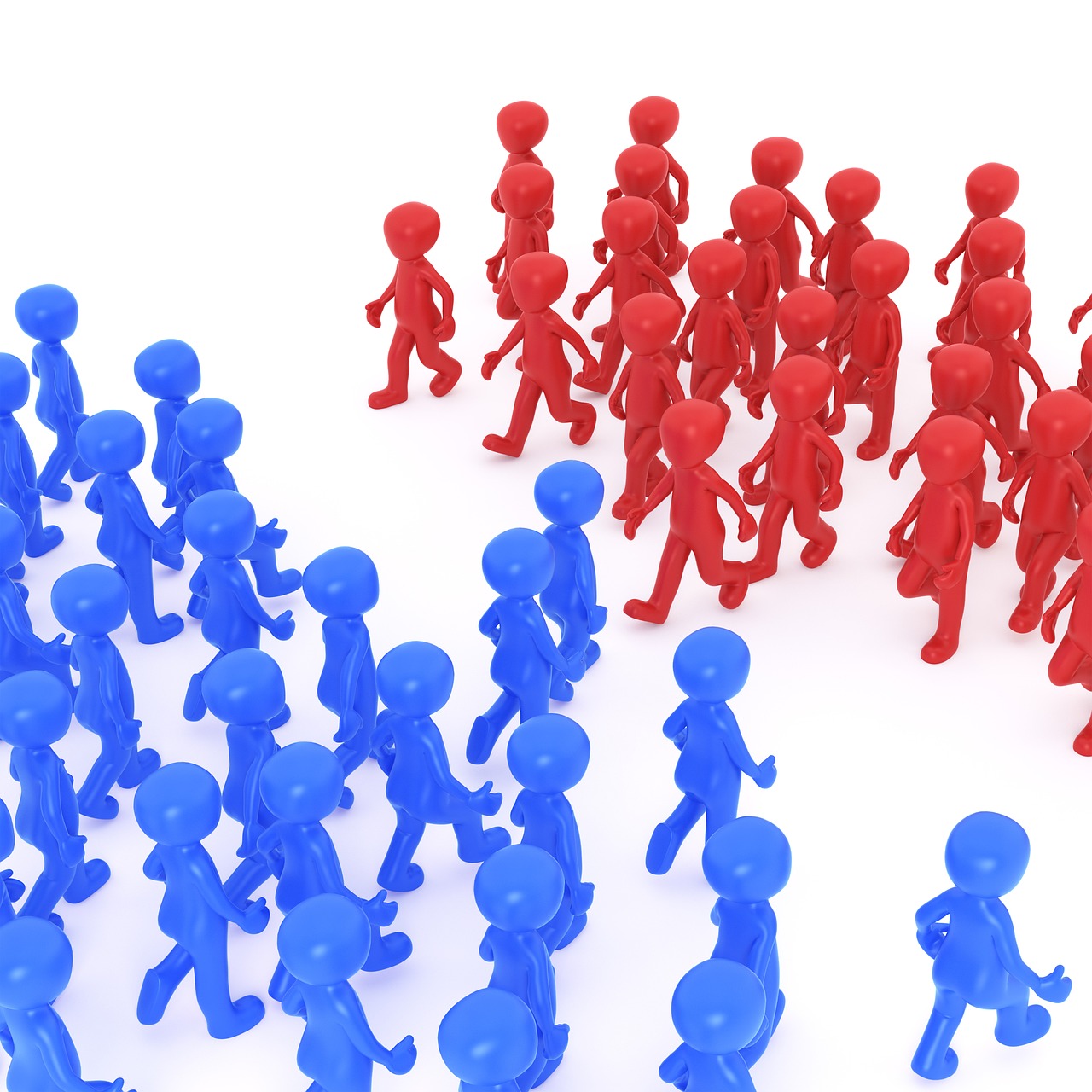 a group of red and blue people standing in a circle, people flee, patriot, true realistic image, in rows
