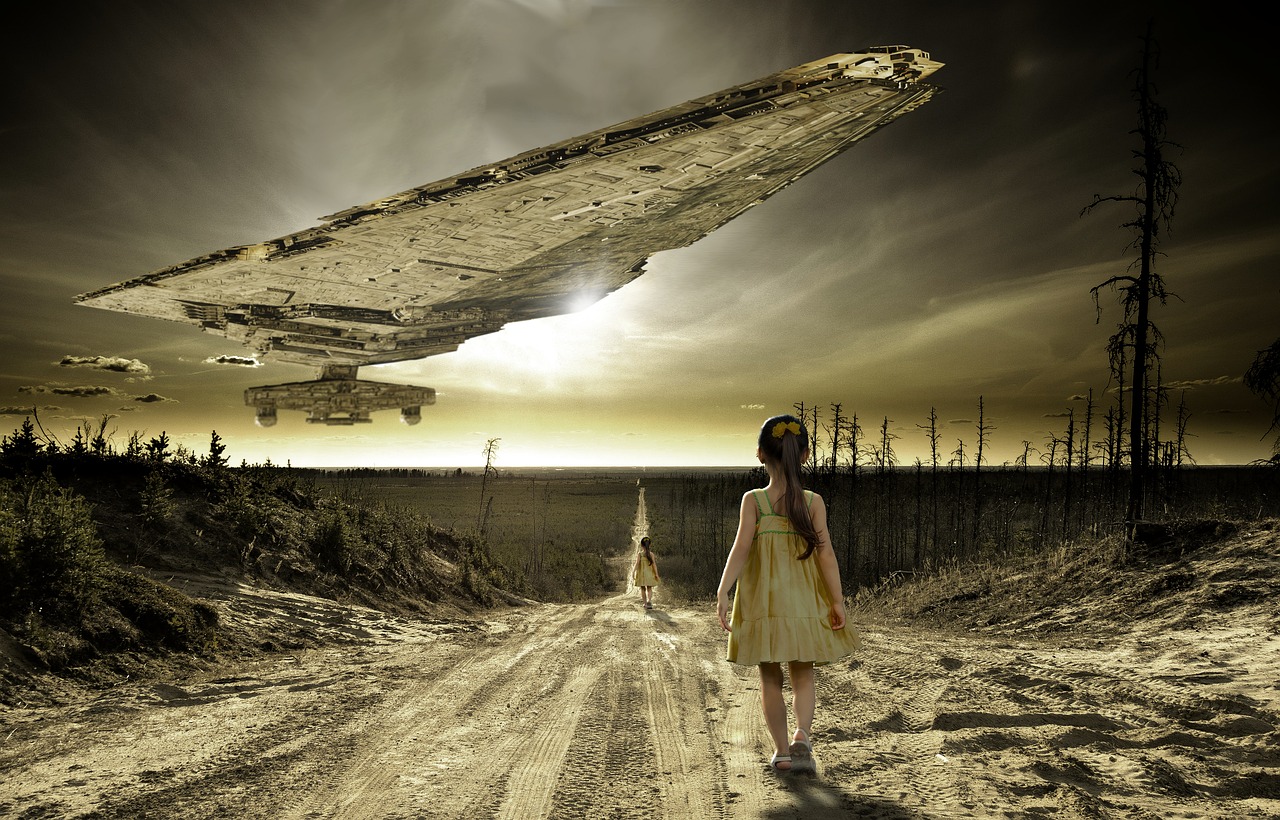 a woman in a yellow dress walking down a dirt road, a matte painting, by John Alexander, pixabay contest winner, surrealism, in front of their space ship, childhood, star destroyer, hyperrealistic photo luis royo