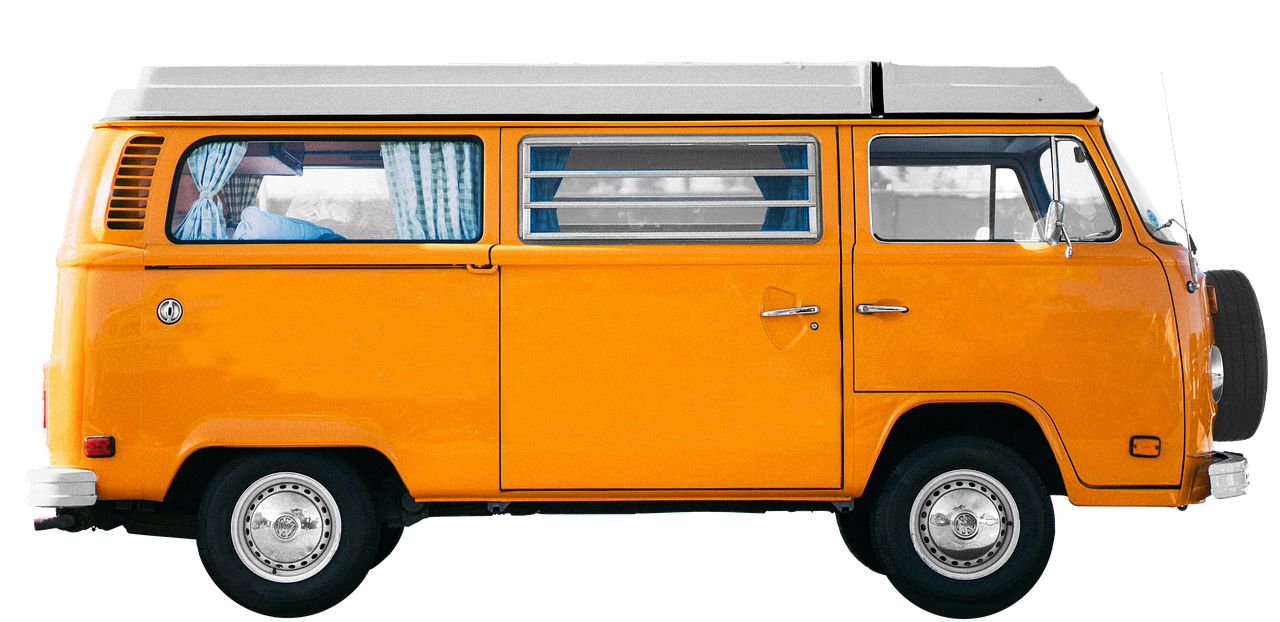 an orange vw bus parked in a parking lot, a digital rendering, by Matthias Weischer, pixabay contest winner, on black background, 1 9 7 0 s car window closeup, yellow infrared, camping