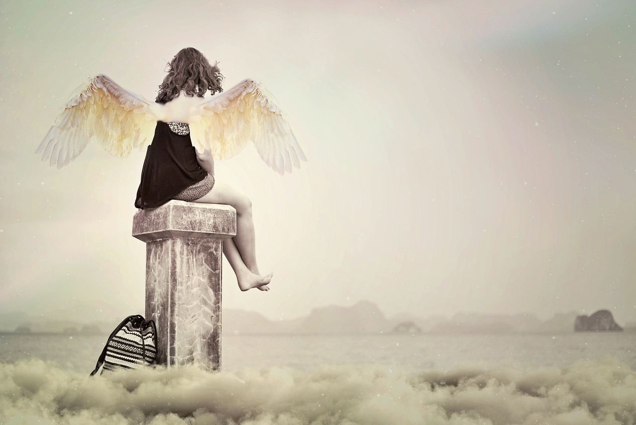 a woman sitting on top of a bench in the clouds, digital art, by Marie Angel, trending on pixabay, big angel wings on back, post processed denoised, on a pedestal, panoramic centered view of girl